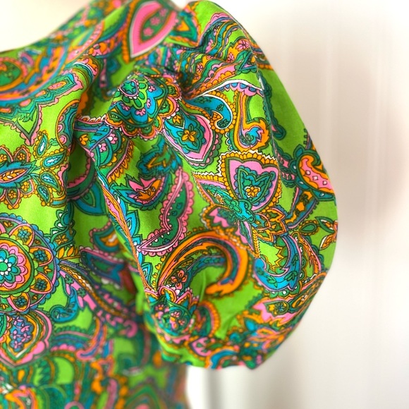 Vintage Psychedelic Colorful Paisley Maxi Dress Puff Sleeves Medium Bright Green - Picture 4 of 14